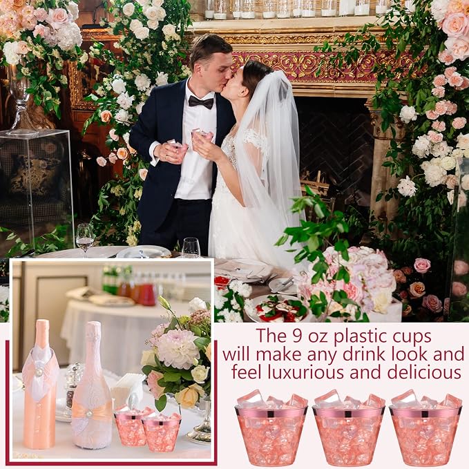 Lounsweer 100 Pcs 9oz Rimmed Plastic Cups Wedding Clear Cocktail Cups Heavy Duty Disposable Wine Glasses for Birthday Bridal Shower Baby Shower Holiday Celebrations(Pink)
