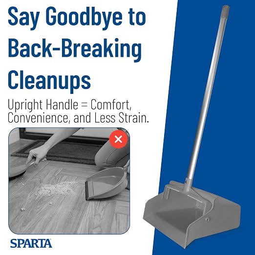 SPARTA Color Coded Upright Dustpan with 30 Inch Aluminum Handle, Serrated Edge and Locking Yoke, Standing Commercial Floor Dust Pan, Gray