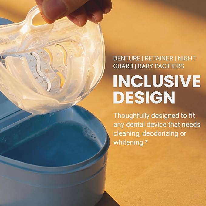 Denture Bath Case and Retainer Case, Denture Bath Cup for Invisalign Retainers Mouthguards Dentures Cleaner Kit with Strainer Spill-Free Portable Retainer Cleaner Case by M3