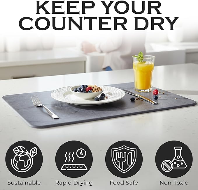 J.B Large Stone Drying Mat for Kitchen Counter - Quick Dry Stone Mat with Sink Caddy, Ultra Absorbent Dish Drying Stone for Kitchen Counter and Bathrooms, 16 x 12 Inch (Dark Gray/Black Marble Finish)