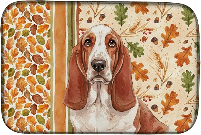 Caroline's Treasures Red and White Basset Hound Heirloom Fall Dish Drying Mat Absorbent Dish Drying Mat Pad for Kitchen Counter Dish Drainer Mat for Countertop, 14 x 21", Multicolor