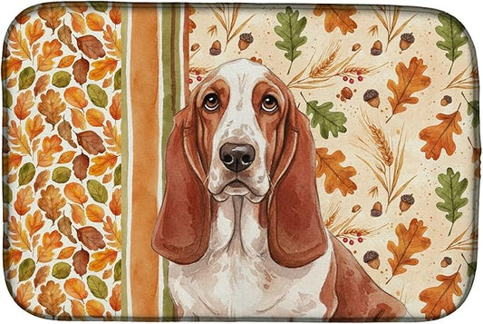 Caroline's Treasures Red and White Basset Hound Heirloom Fall Dish Drying Mat Absorbent Dish Drying Mat Pad for Kitchen Counter Dish Drainer Mat for Countertop, 14 x 21", Multicolor