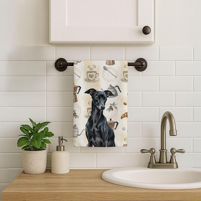 Caroline's Treasures Black Italian Greyhound Coffee Bar Kitchen Towel Velour Plush Front and Cotton Loop Back Machine Washable