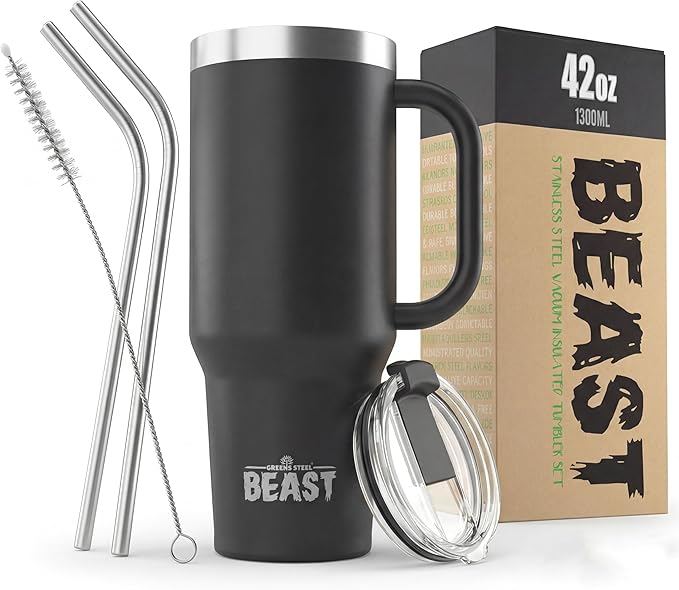 Beast 42 oz Tumbler with Handle Stainless Steel Vacuum Insulated Coffee Ice Cup Double Wall Travel Flask (Matte Black)