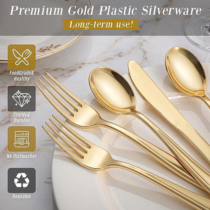 WDF 160 Piece Gold Plastic Silverware - Heavy Duty Gold Silverware Includes 80 Forks, 40 Spoons, 40 Knives, Plastic Utensils Perfect for Wedding, Christmas Party