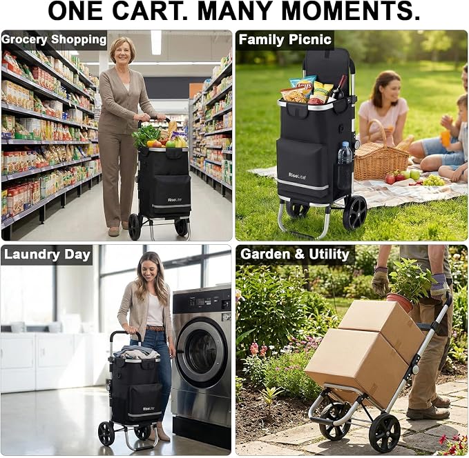Foldable Shopping Cart with Wheels - Portable Grocery Cart on Wheels, Lightweight & Durable Cart for Groceries with Insulated Cooler, Adjustable Handle, 110 Lbs