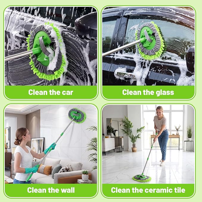 4 Pack 360° Spin Mop with 4 Microfiber Mop Refills, Extendable 63" Stainless Steel Handle for Easy Floor, Ceiling, Wall & Window Cleaning, Household Mops(Green)