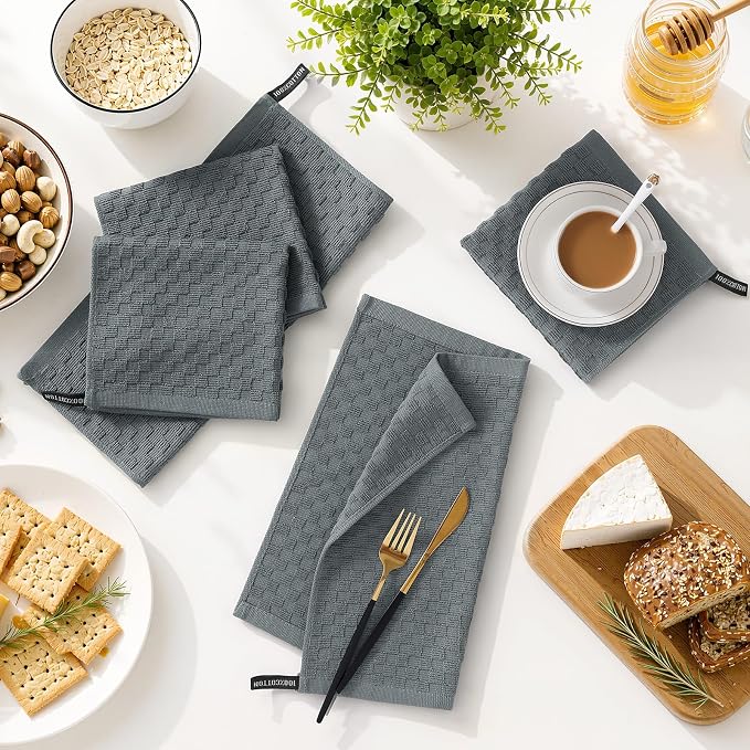 Homaxy 100% Cotton Terry Kitchen Dish Cloths, Ultra Soft Absorbent Dish Towels with Hanging Loop, Pineapple Grid Designed, 12 x 12 Inches, 12-Pack, Dark Grey