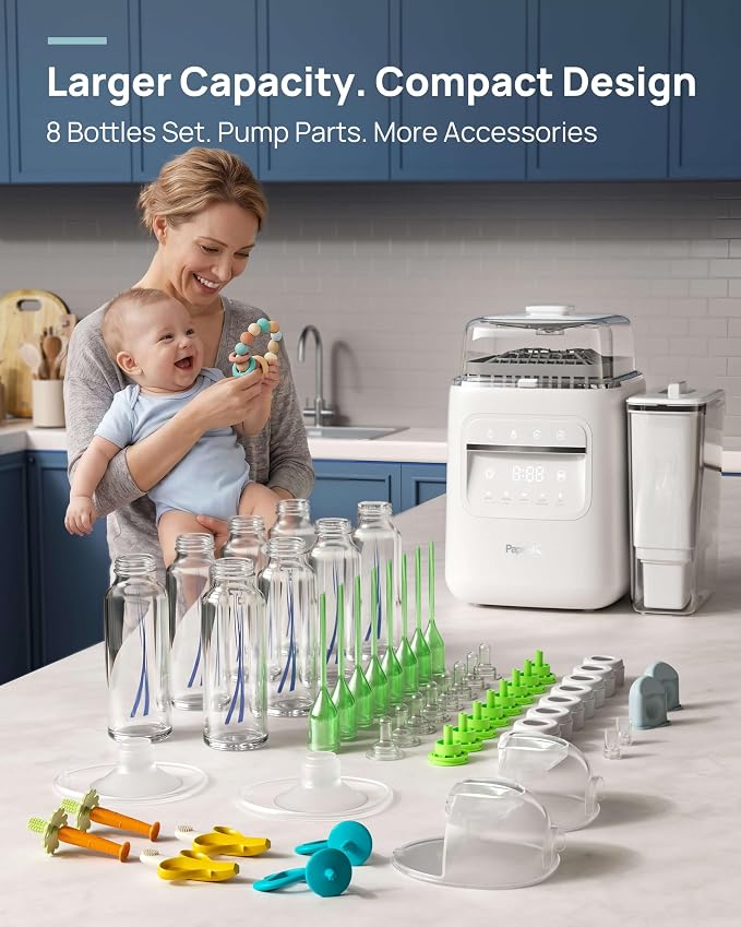 Papablic SafeguardPlus Baby Bottle Washer with Water Purification, 8 Bottles Capacity, 12-Min Fast Wash, 360° Deep Clean Bottle Washer &Sterilizer &Dryer for Bottles, Pump Parts, Baby Essentials