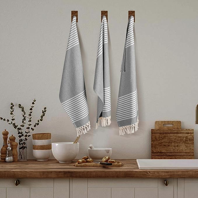 TWINY threads Set of 4 100% Cotton Turkish Kitchen Towels with Hanging Loop & Tassels (18" X 28") | Ultra Washcloth with Fringes | Reusable Hand Towels - Black