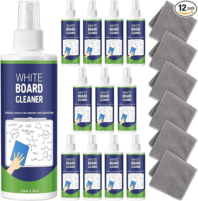 12 Pack White Board Cleaner Spray, 8.5oz Dry Erase Board Cleaner for Whiteboard, Removes Permanent Marker Stains, Non-Toxic Cleaning Solution with 6 Cloths for School Office