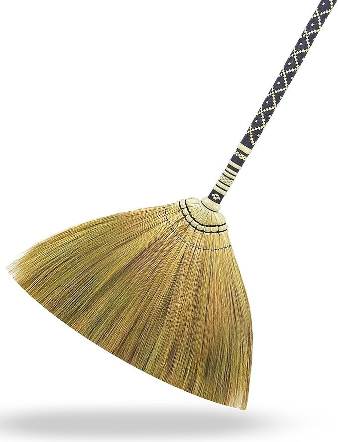 Natural Grass Broom Indoor Outdoor, Vintage Retro Embroidered Woven Nylon,Handmade Broom,Housewarming Gift Witch,Bamboo Stick Handle(Black)