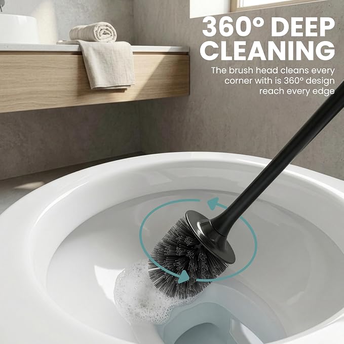 Vigar Zense Toilet Brush and Holder Set - Toilet Bowl Brush and Holder, Polyresin Stone Bathroom Accessory, Compact Toilet Cleaner Brush for Bathroom Decor and Toilet Accessories Set - Concrete