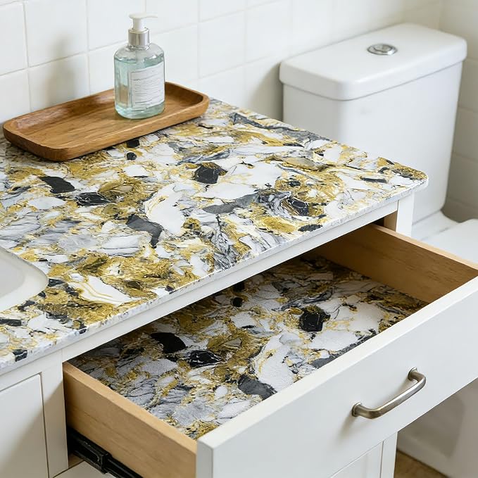 Drawer and Shelf Liner - Yellow Black Marble Pattern,Non Adhesive Non Slip Waterproof Easy-Clean Liner for Kitchen Cabinet, Refrigerator, Bathroom, Pantry Storage Drawers, 17 in x 30 Ft