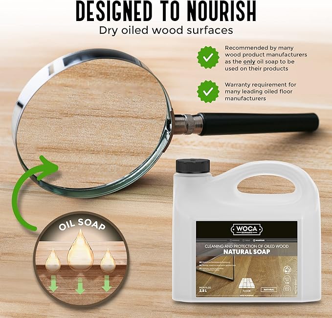 WOCA Natural Soap, White |1L| - Concentrated Wood Cleaner for oil finished hardwood floors, tables, millwork, cutting boards, countertops and butcher block