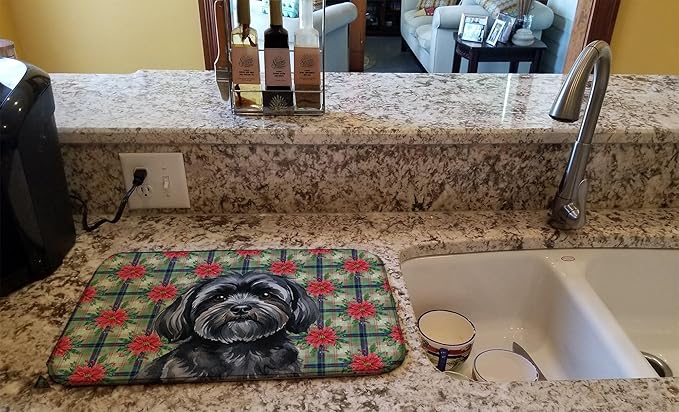 Caroline's Treasures Black Lhasa Apso Christmas PoinsettIas Dish Drying Mat Absorbent Dish Drying Mat Pad for Kitchen Counter Dish Drainer Mat for Countertop, 14 x 21", Multicolor