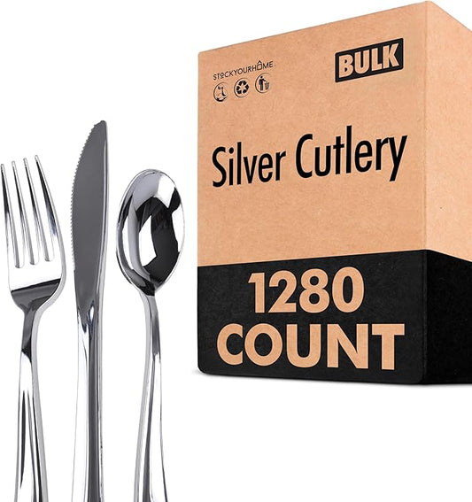 1280 Pack Silver Plastic Cutlery Disposable Silverware - 640 Forks, 320 Knives, 320 Spoons - For Catering, Parties, Dinners, Weddings, and Everyday Use