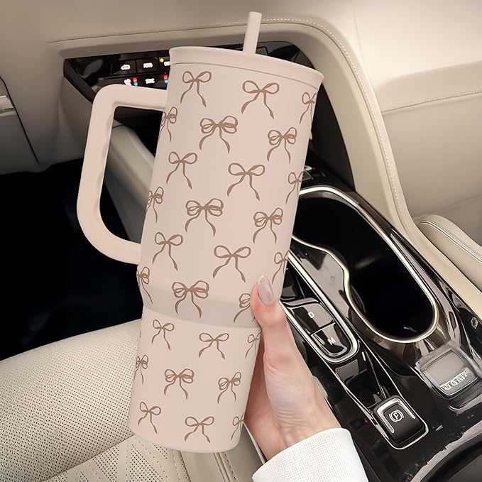 Bow Tumbler with Handle and Straw 40oz – Stainless Sleel Slider Tumbler Travel Coffee Mug for Women - Gift Idea for Birthday Christmas