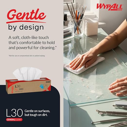 WypAll GeneralClean L30 Cloths Heavy Duty Cleaning Wipes (05800), Pop-Up Box, Strong and Soft Bulk Paper Wipers, White (8 Packs of 100 Sheets, 800 Sheet Total)