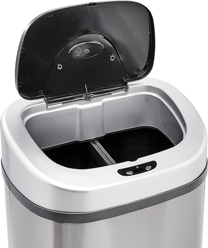 Amazon Basics Automatic Dual Compartment Trash Can with Lid, Hands-Free, Fingerprint Resistant, Odor Control, Stainless Steel, D-Shaped, 80 l, 2 Bins