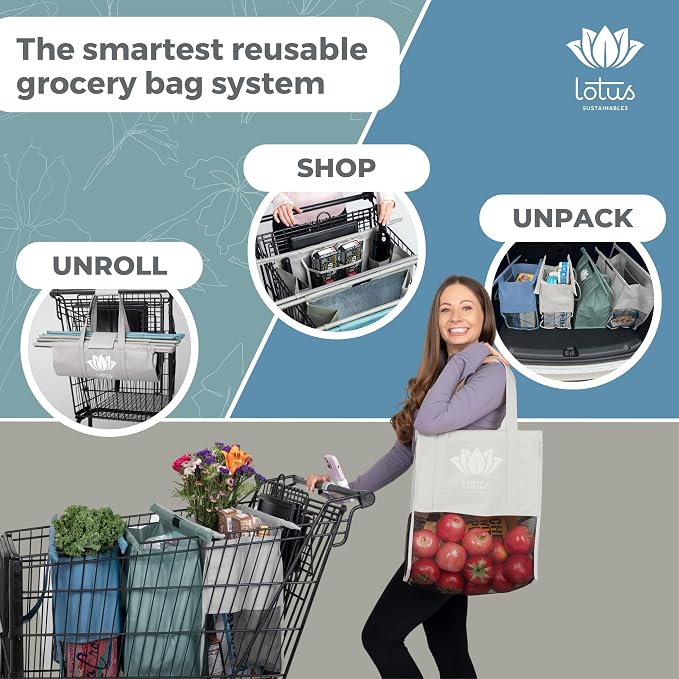 Lotus Trolley Bag Reusable Grocery Cart Bags (Earth Tones) Set of 4 and Reusable Netted Produce Mesh Bags Set of 9