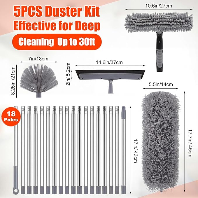 30 Feet High Reach Duster Kit with 2-24 ft Extension Pole High Ceiling Dusting and Window Cleaning Kit with Window Washer & Squeegee, Cobweb Duster, Washable Head for Ceiling Fan (Gray)