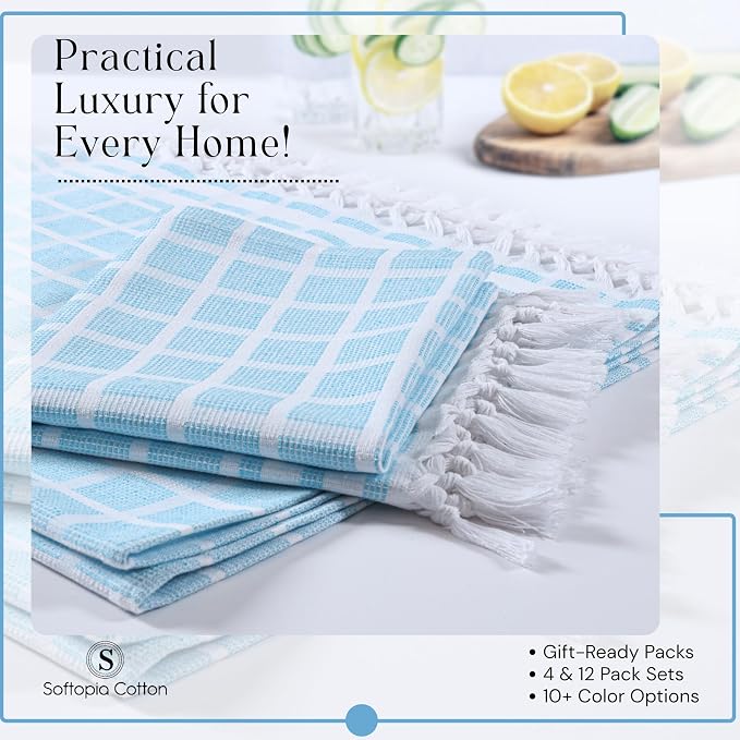 Matrix Dobby Kitchen Towels 4 Pack, 100% Cotton, 16x26 Inches, Handmade Knotted Tassel Tea Towels, Reusable & Absorbent Wash Rags for Drying and Cleaning - Aqua Blue, White