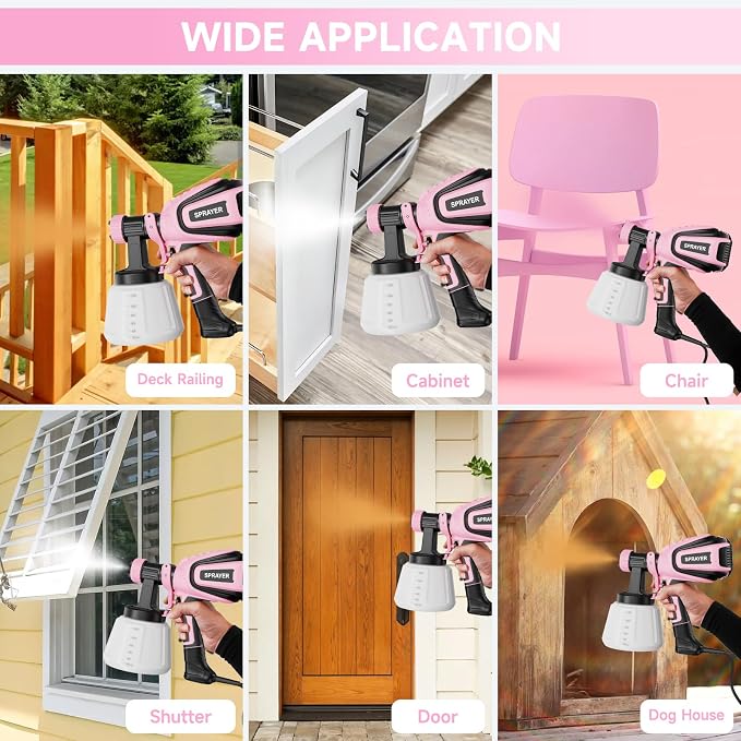 VONFORN Paint Sprayer, 700W HVLP Spray Gun with Cleaning & Blowing Joints, 4 Nozzles and 3 Patterns, Easy to Clean, for Furniture, Cabinets, Fence, Walls, Door, Garden Chairs etc. VF803 Pink
