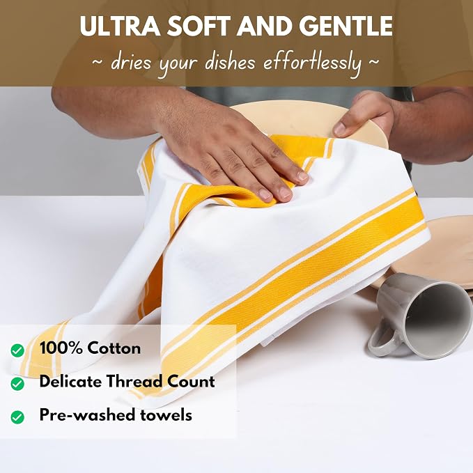 Native Fab Yellow Striped Kitchen Towels 18"x28", Set of 6, Wide Stripe, Highly Absorbent, Fast Dry, 100% Cotton Towels for Hand Drying, Counter Cleaning, Glassware & Dish Drying, Wash Rags - Yellow