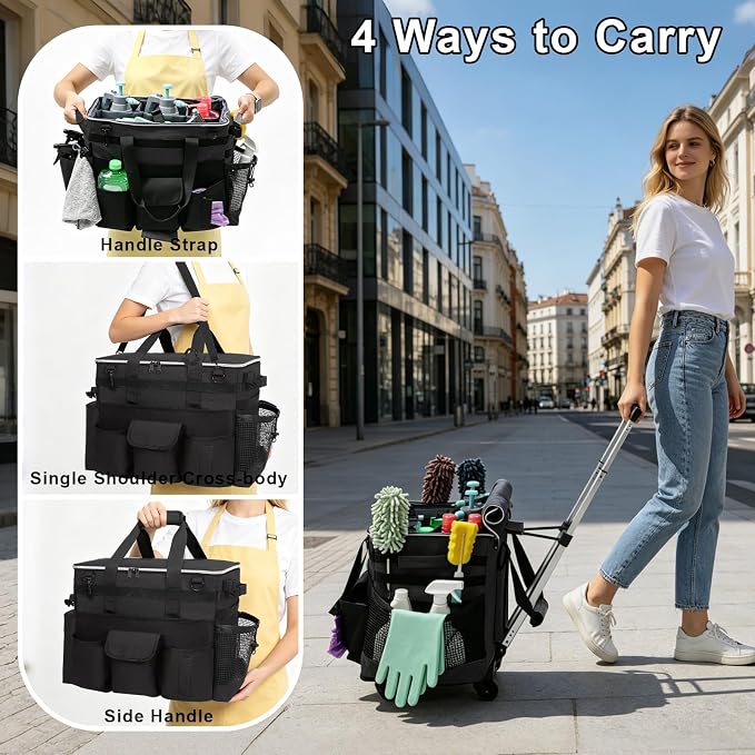Large Rolling Cleaning Caddy with Wheels, Cleaning Supplies Organizer with Detachable Trolley, Water-resistant Cleaner Cart for Housekeepers, Multi Pocket Cleaning Cart with Shoulder Strap, Black