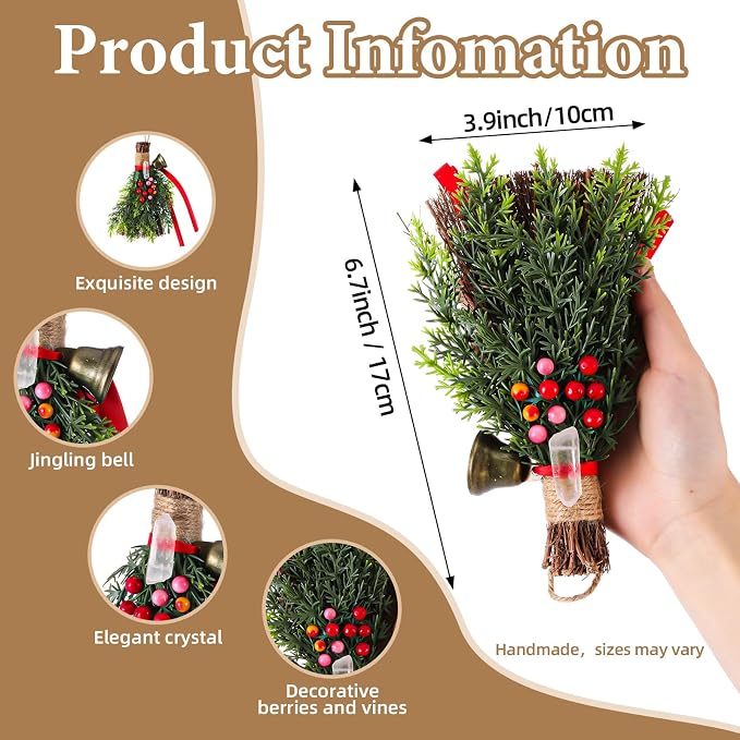 Jenaai 2 Pcs Yule Decorative Broom 6.7 Inch Pagan Christmas Decor Mini Witch Broom Handmade Pagan Broomstick with Crystal Holly Berry Jingle Bell Xmas Hanging Decor for Altar Door Protection Gift