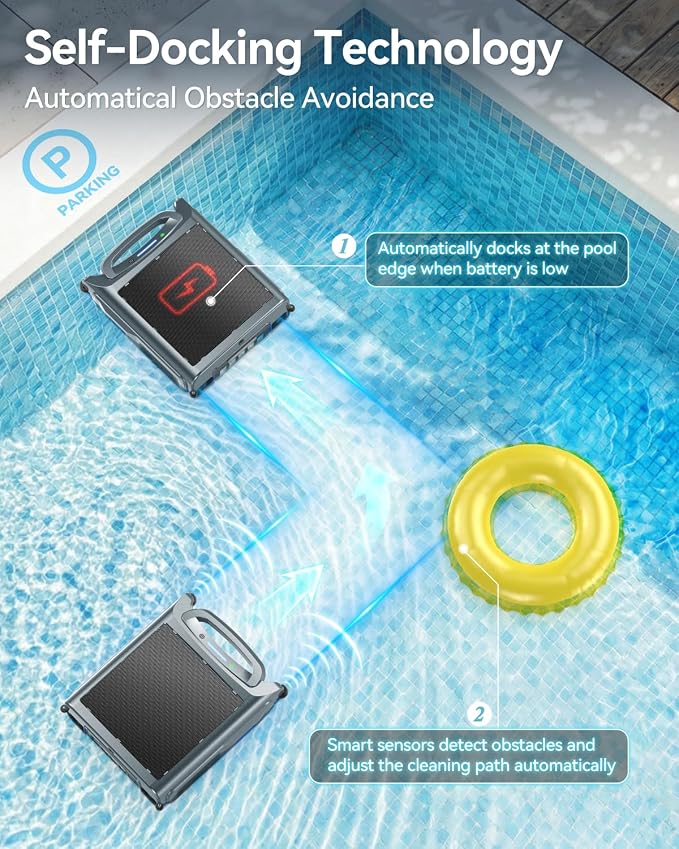 V1T Solar Pool Skimmer, Robotic Pool Surface Skimmer Cleaner with App Control, 7L Large Basket 24/7 Cleaning Smart Obstacle Avoidance Dual Charging Options Ideal for Above Ground Pool Blue