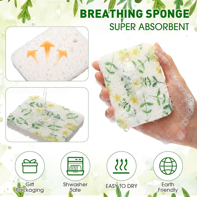 Maxdot 50 Counts Compressed Cellulose Sponges Bulk Flower Plant Style Natural Kitchen Compostable Non Scratch Dish Sponges for Washing Dishes, Cleaning Countertop Sink, Kids DIY