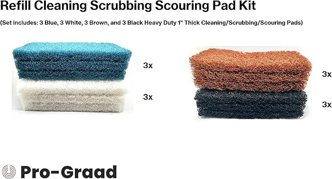 12 piece Refill Cleaning Scrubbing Scouring Pad Kit with 3X of 4 Different 10 x 4.5in Utility Cleaning Scrubber Scouring Pads | White Blue Brown Black | Compatible with Doodlebug Pad Holder