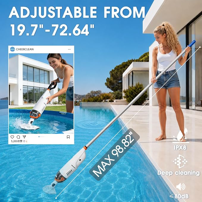 Cordless Handheld Pool Vacuum for Above Ground Pool -Upgraded 26.5GPM Real Suction,Time-Saving Directional-Control,60min Runtime,2Vac Heads &4Filter Bags,Leaf Net for Hot Tubs & Inground Pools -Orange