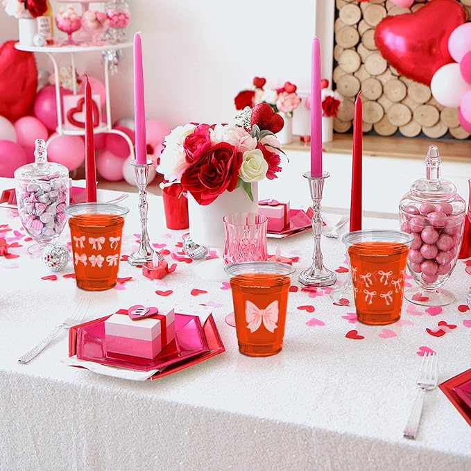 150 Pack Pink Bow Party Plastic Cups 12 oz Coquette Bow Disposable Drinking Cups for Bachelorette Bridal Shower Birthday Party Decorations