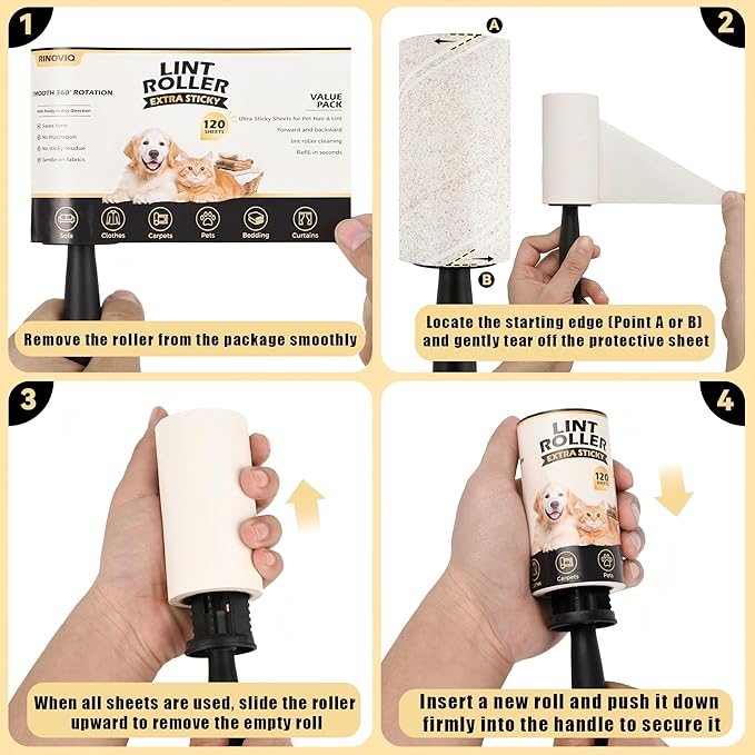 Extra Sticky Lint Roller Refills Only (No Handle Included), 10 Pack – 1200 Sheets Total, Pet Hair Remover Refills for Clothes, Furniture & Couch, Dog & Cat Hair, Animal Fur & Lint, Easy-Tear Sheets