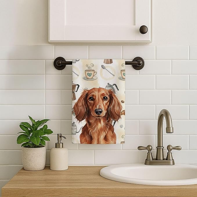 Caroline's Treasures Longhaired Red Dachshund Coffee Bar Kitchen Towel Velour Plush Front and Cotton Loop Back Machine Washable
