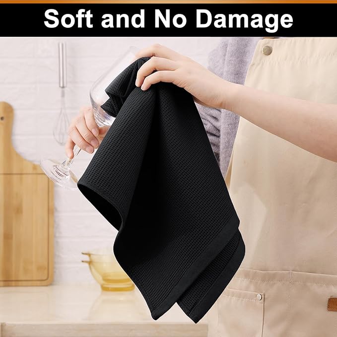 Homaxy 100% Cotton Kitchen Towels and Dishcloths Set - 8 Pack Waffle Weave Soft and Absorbent Dish Towels - 26 X 16 Inch and 12 X 12 Inch - Black