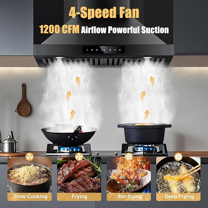 30 inch Range Hood Wall Mount, 1200 CFM with 4-Speed Gesture Sensing & Touch Control, Stainless Steel Ducted Kitchen Stove Vent Hoods with 2 LED Lights, Time Setting, Dishwasher-Safe Baffle Filters