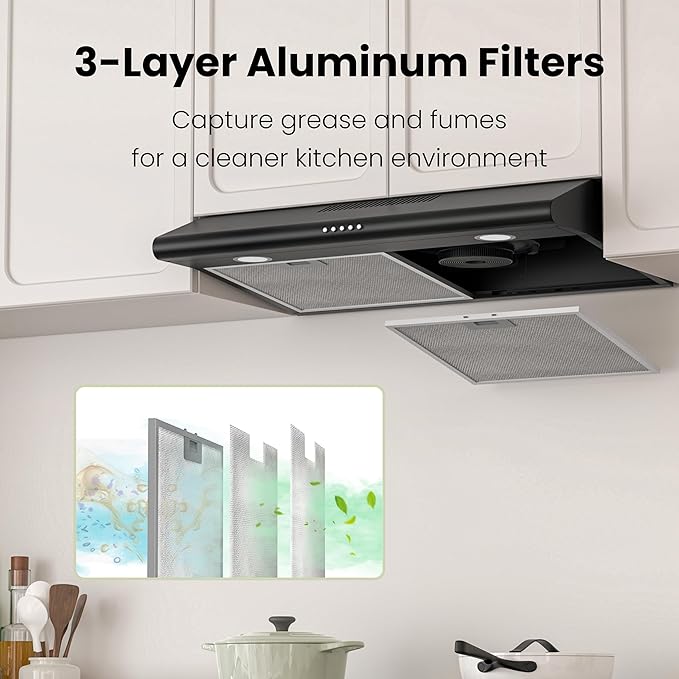 FIREGAS 30 Inch Black Under Cabinet Range Hood, Ducted/Ductless Convertible Kitchen Vent Hood with LED Light, 3-Speed Exhaust Fan, Push Button Control, Slim Stove Hood for Modern Kitchen