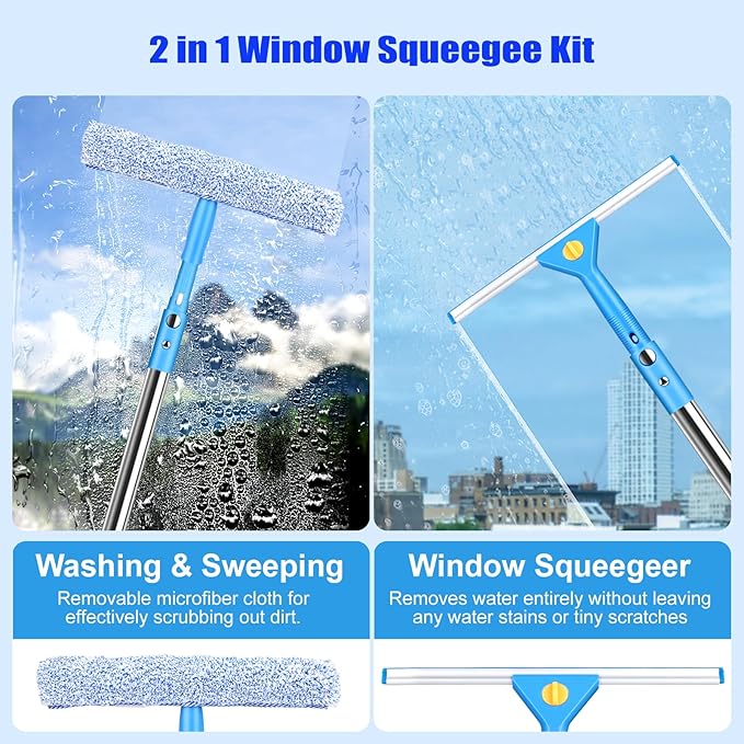 Longzhuo 10 ft Professional Window Washing Kit with Extension Pole, 2 in 1 Squeegee for Window Cleaning Kit for Indoor/Outdoor High Window Glass, Car Windshield Cleaner Tool