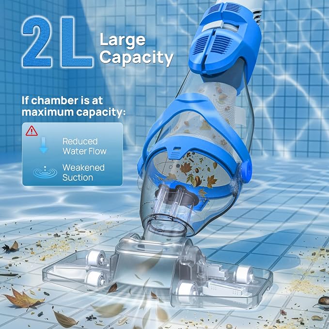 Consciot Pool Vacuum for Above Ground & Inground Pool, 22 GPM Suction Handheld Cleaner with 7.3FT Telescopic Pole, 2L Capacity, 60-Min Runtime, 2 Filters; Ideal for Spa, Hot Tub & Stairs