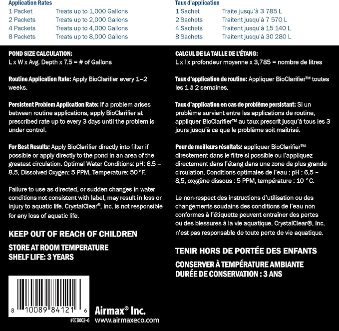 CrystalClear BioClarifier Small Pond & Water Garden Clarifier, 96 Packets | Cleaner for cloudy water with beneficial microbe treatment to improve water clarity; fish, plant & pet safe