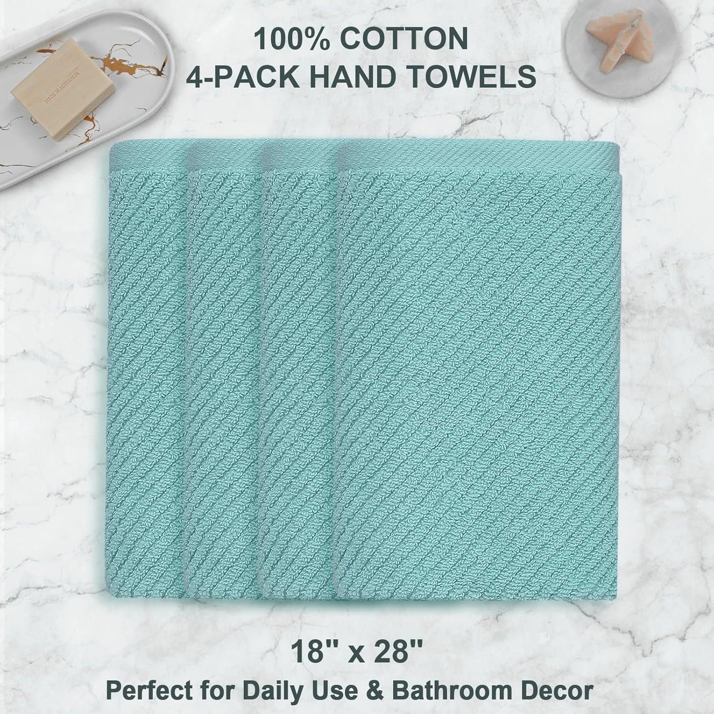 Teal Hand Towels for Bathroom, Bathroom Hand Towels Set of 4, Large 18" x 28" - Quick Dry | Lightweight | Soft | 100% Cotton | Absorbent, Thick Fluffy Towel Set for Showering, Aqua Towel Gift Set