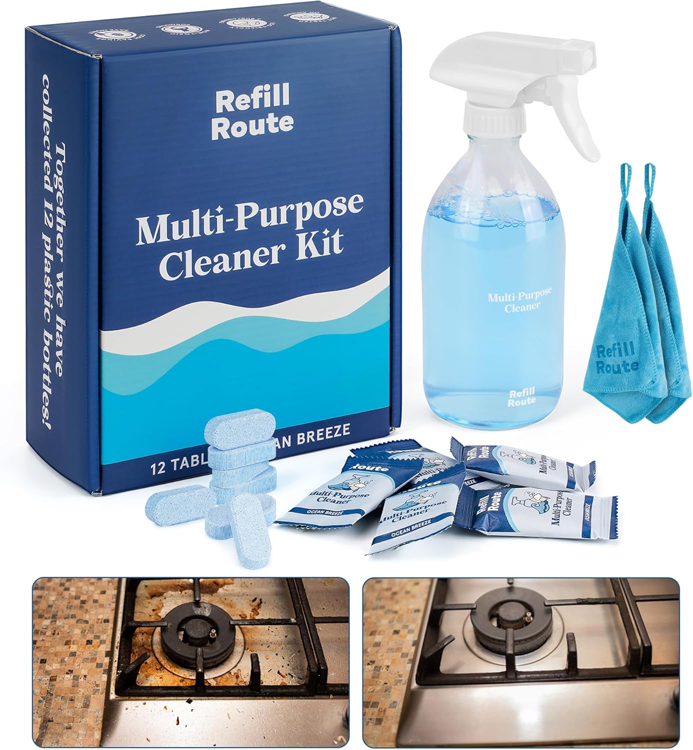 All Purpose Cleaning Tablet Kit with Reusable Glass Spray Bottle - Multipurpose Cleaner Spray Refills - 192 fl oz Total (12x 16 fl oz bottles of spray cleaner) - Plant-Based Cleaner - Ocean Breeze