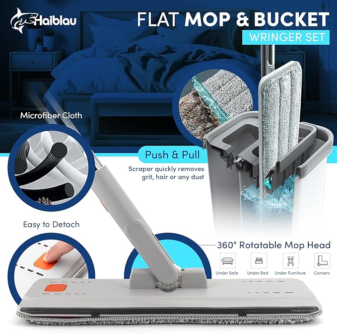 Flat Mop & Bucket Wringer Set with Self-Squeeze Mini Mop, Portable Handheld Wet/Dry Cleaner with Microfiber Pads, Flat Mop and Bucket System