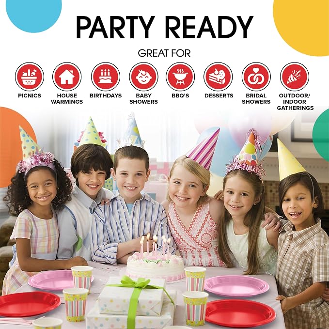 Exquisite Party Solids Red & Pink Plates Disposable Red & Pink Plastic Plates 100 Pieces - 50-7" & 50-9" Heavy Duty 350 GSM Disposable Dinnerware Sets, Plastic Dinnerware Sets