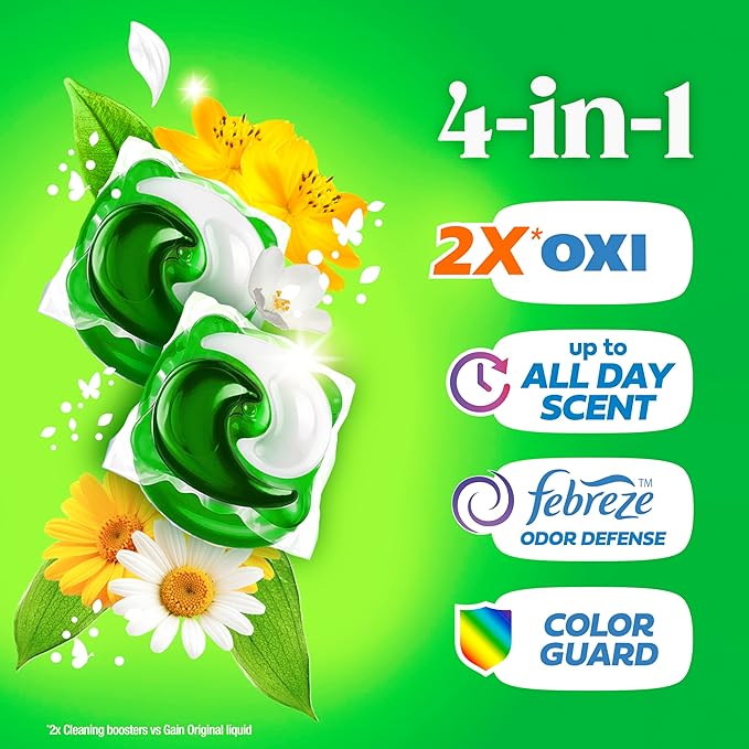Gain Flings Liquid Washing Detergent Pacs, Now with Odor Defense + Color Guard, Original Scent, 4-In-1 Liquid Laundry Detergent Pods, Clean & Fresh, 60 Count (Packaging May Vary)
