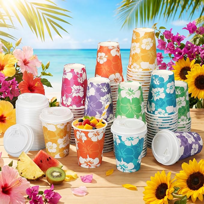 FoldTier 120 Pcs 12 oz Hawaii Hibiscus Paper Cups with Lids Summer Luau Disposable Drinking Cups Tropical Hawaiian Aloha Drinkware Beach Party Drinking Supplies for Cold Beverage Drinks(Summer)